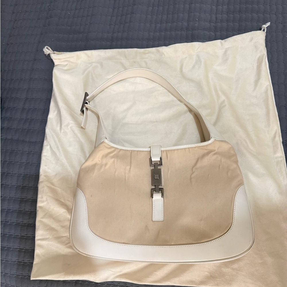 Gucci Jackie White Leather Canvas hobo bag